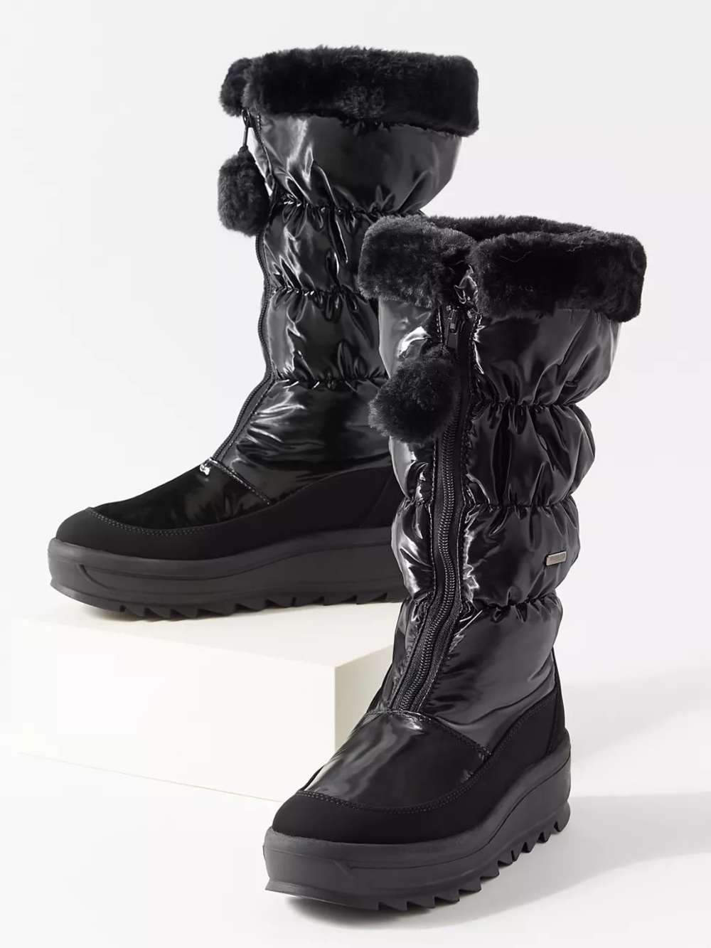 Toboggan 2.0 Black Shiny Platform Winter Puffer Boots with Faux Fur Trim US 10